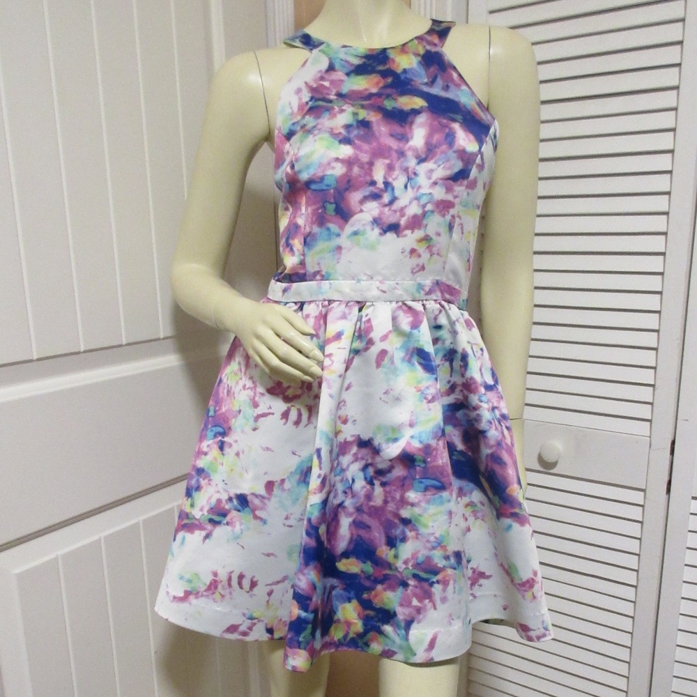 PARKER Fit-and-Flare Skater Dress 10 White Multicolor Satin Fairy Princess Party - Picture 2 of 8